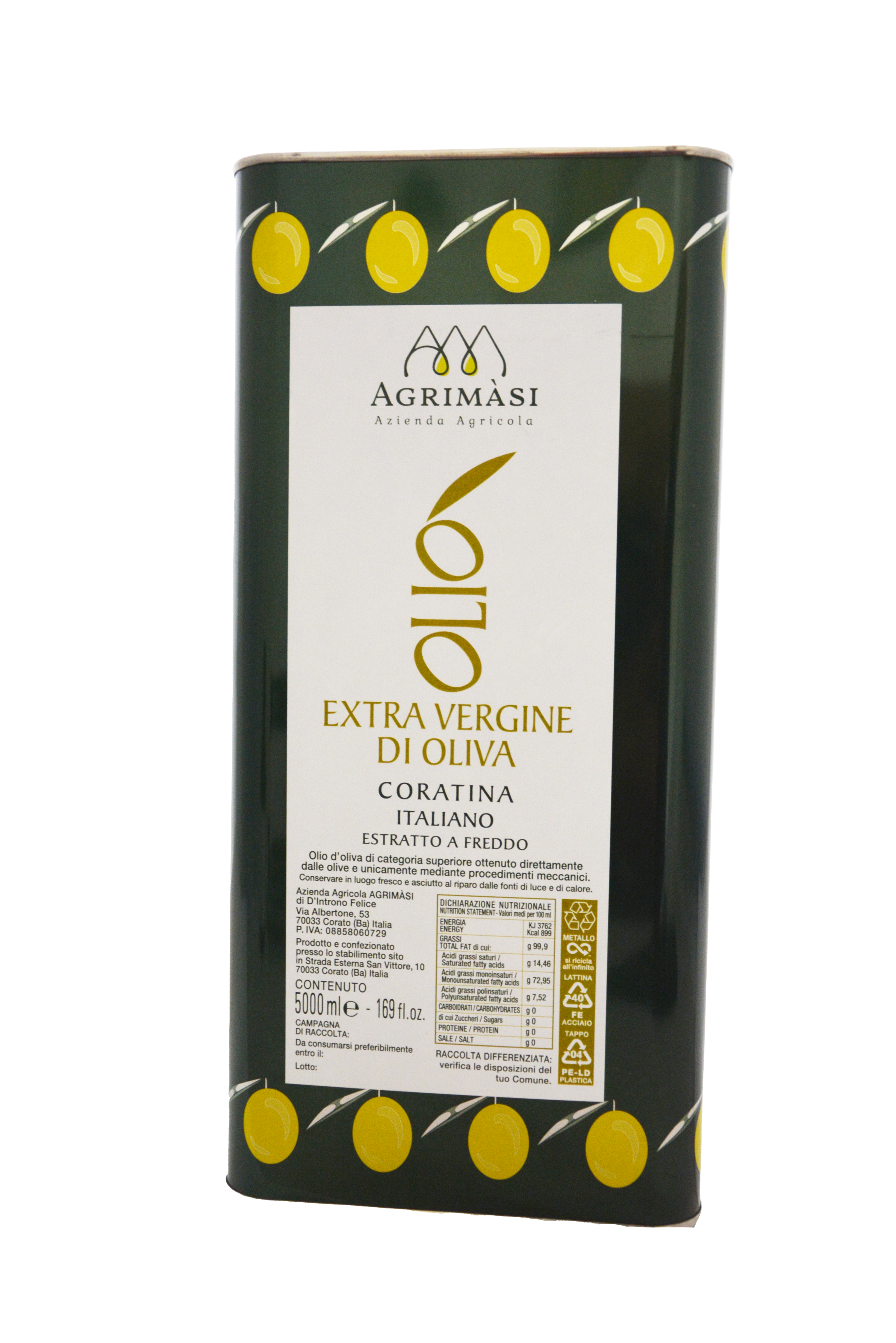 Olio evo monocultivar coratina lattina da 5 litri